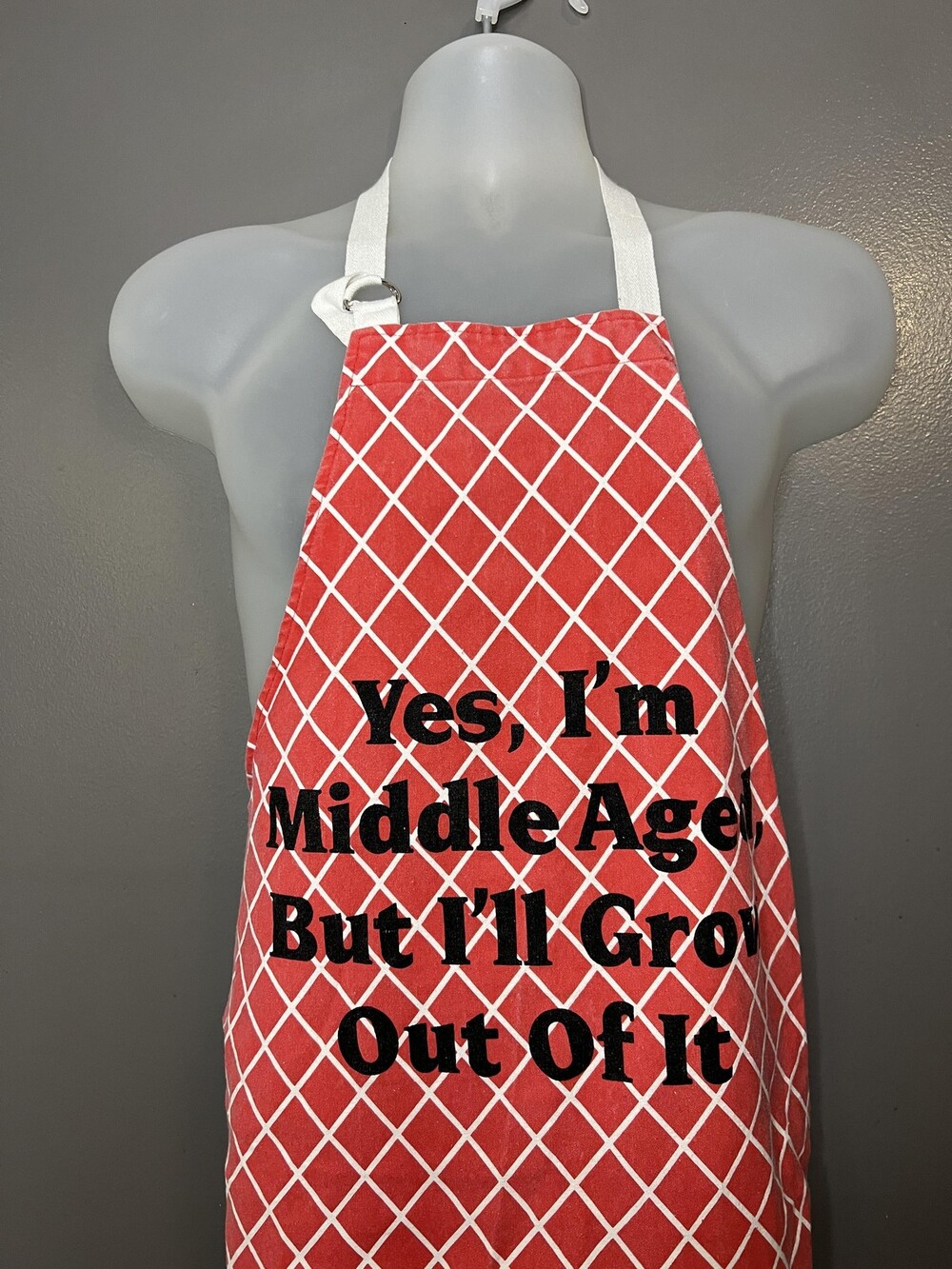 Vintage Russ Berrie Middle Aged Bib Apron Red Cotton One Size Adult Kitchen